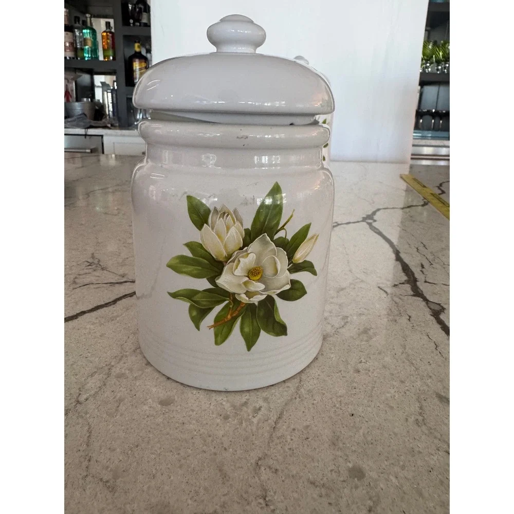 Vintage White Magnolia Ceramic Canister Set 4 Piece Floral Kitchen Storage Jars